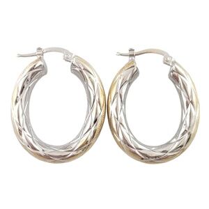 14K White and Yellow Gold Criss Cross Pattern Hoop Earrings #16190